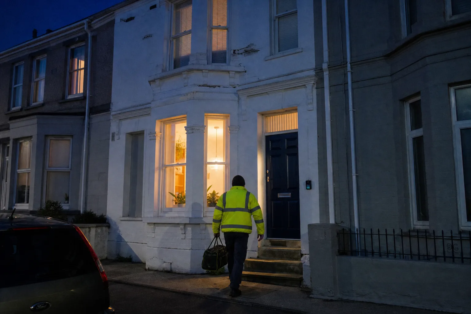 Contractor arriving at Anchor Ridge Spaces, Keyham, Plymouth